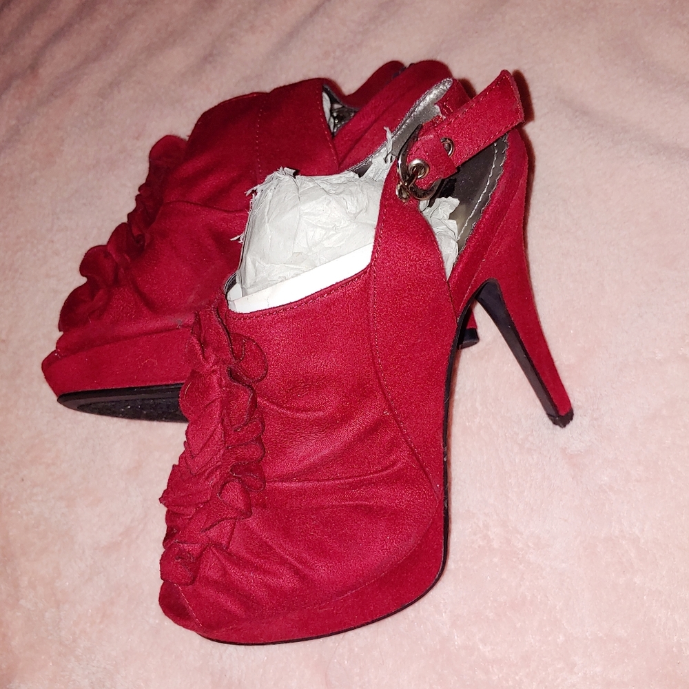 Cato red suede bootie heels w/ ruffles & peep toe